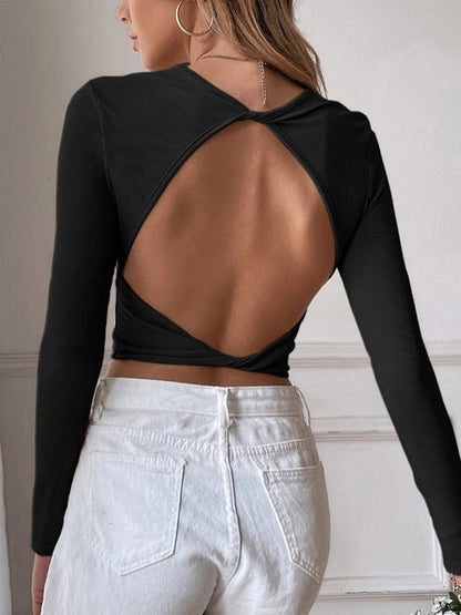 Solid Cutout Backless Twist Back Long Sleeve Knit