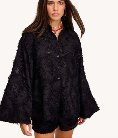 Yellow Feather Drawstring Shorts Office Two Piece Set