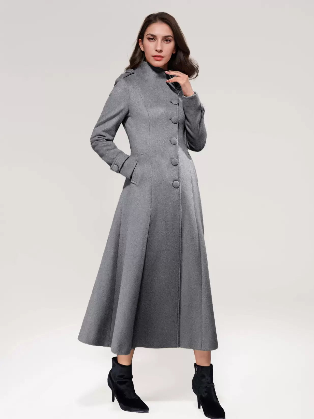 Wool Blend Long Coat A-line Flared Stand Collar Elegant Gray Vintage Winter Outerwear For Women 2026