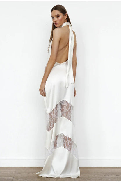 Halter Choker Deep V-Neck Chevron Lace Panel Satin Maxi Dress