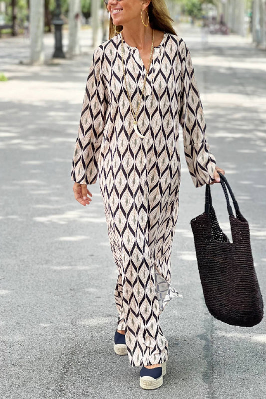 Unique Printed Long Sleeve V-neck Loose Maxi Dress