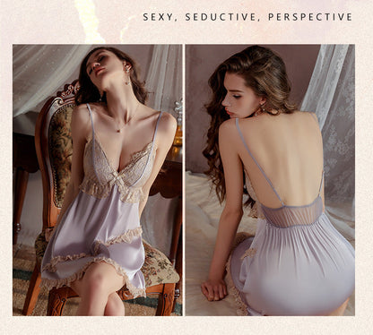 Satin & Lace Sleepwear Set with Robe Backless Padded Cami Dress