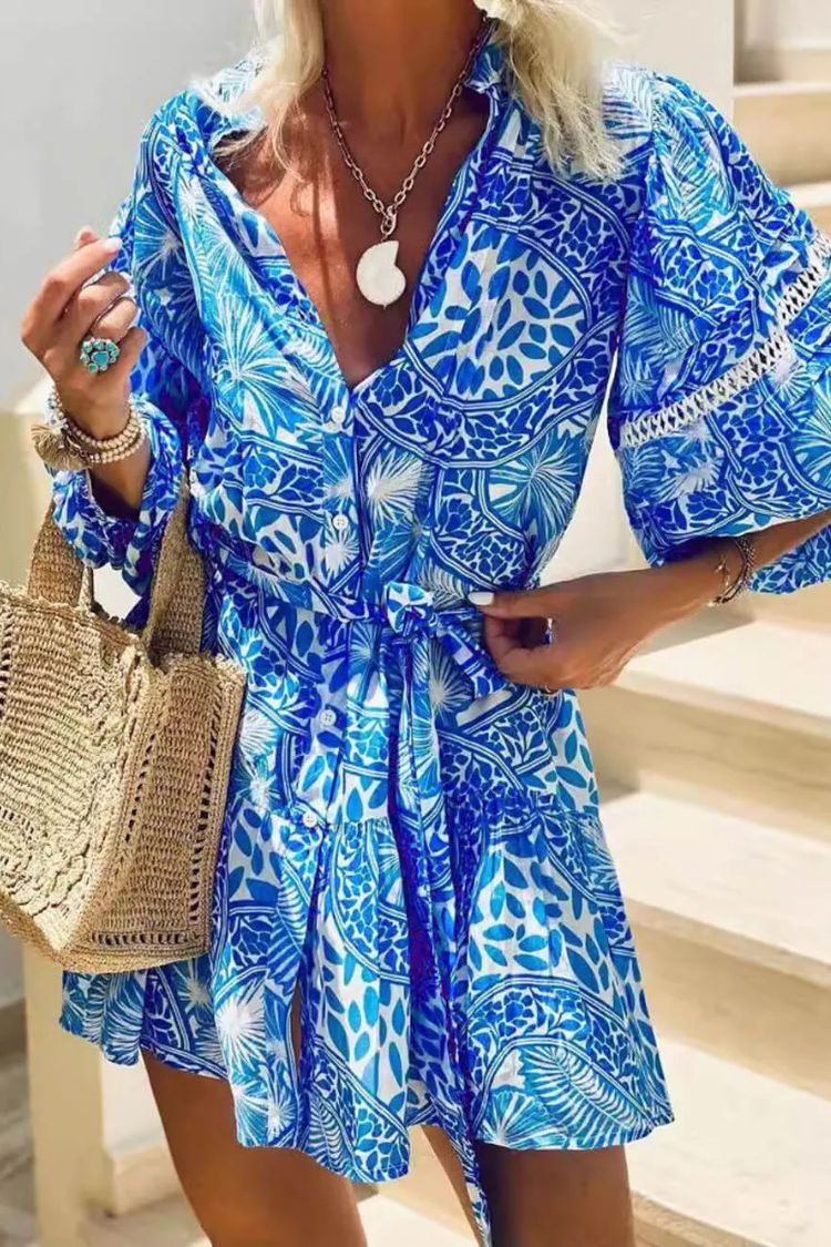 Fashion Stand Collar Shift Printed Resort Mini Dress