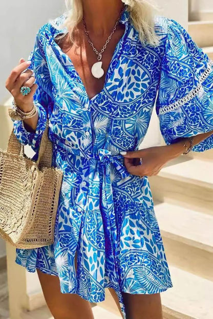 Fashion Stand Collar Shift Printed Resort Mini Dress