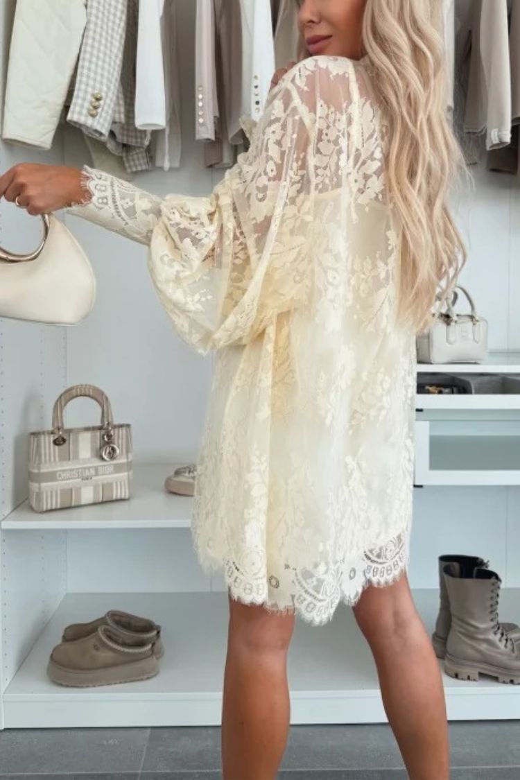 Night Rose Lace Bow Neck Long Balloon Sleeve A-line Mini Dress