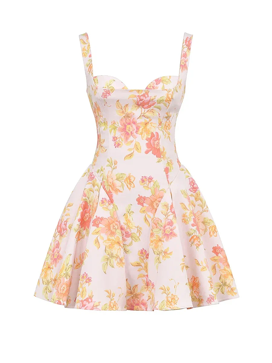 Floral Print Flare Short Irregular Neck Cinch Waist Dress