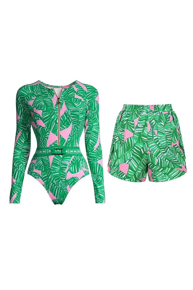 Green Printed Surf Shorts Set