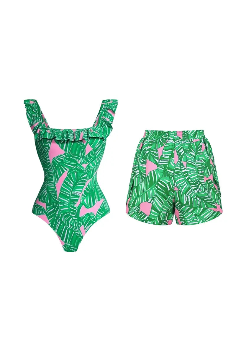 Green Ruffle Print One Piece Swimsuit