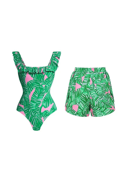 Green Ruffle Print One Piece Swimsuit