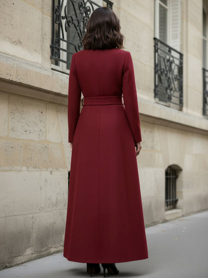 Woolen Full-Length Maxi Coat With Stand Collar And Flap Pockets For Women 2026