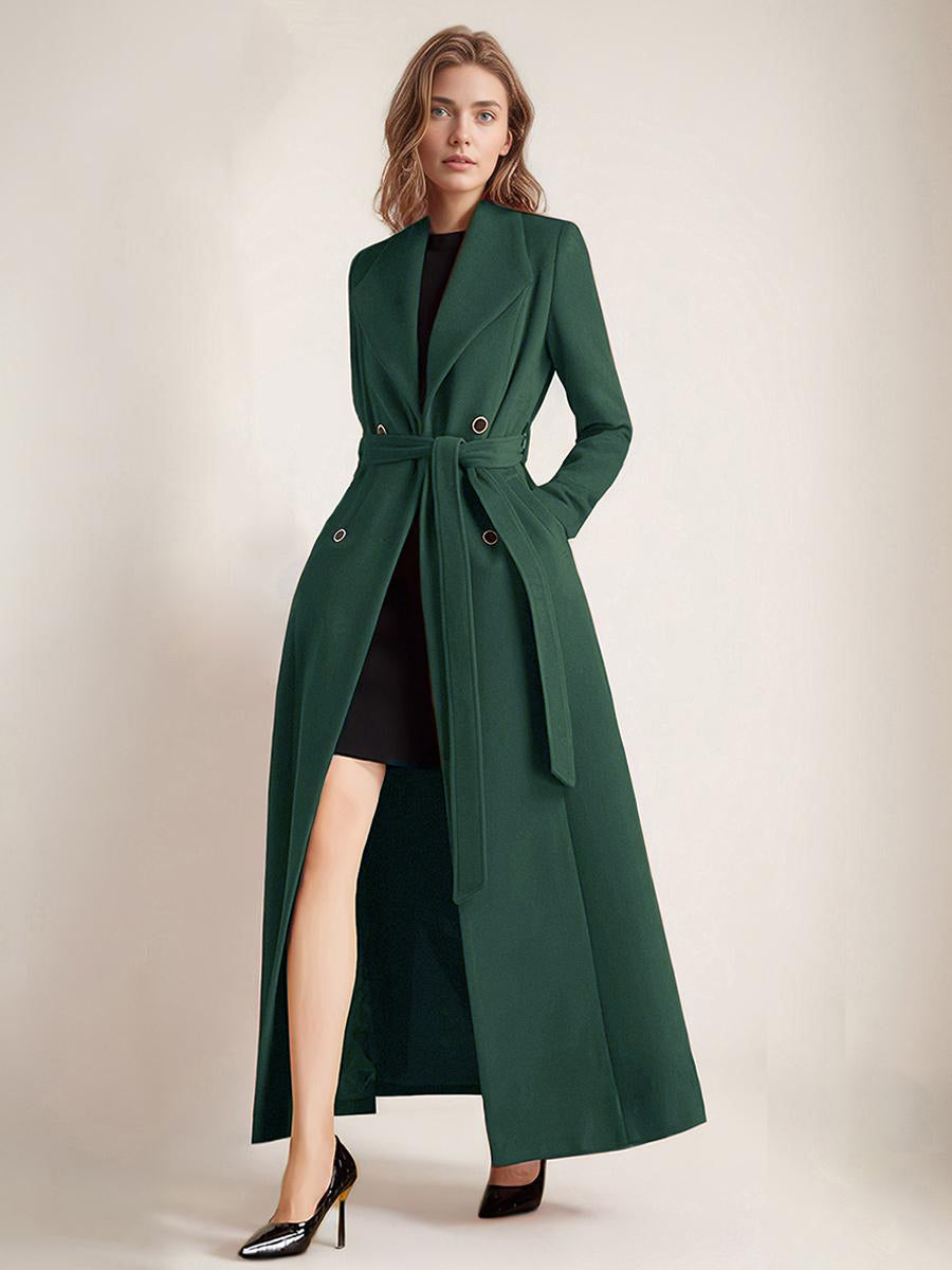 Maxi Woolen Coat For Women Double-breasted Large Lapel Belted A-line Full Length Winter Outerwear 2026