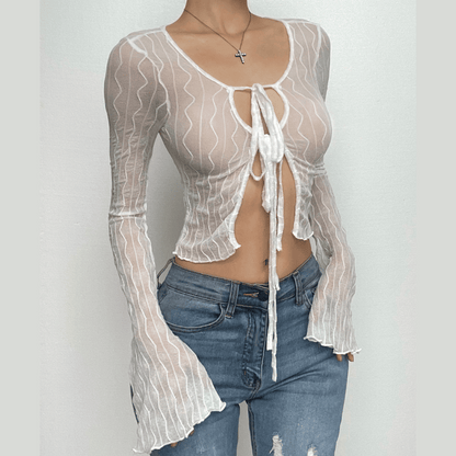 Self tie see through long flared sleeve textured crop top