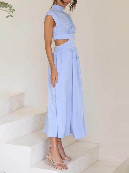 Mock Neck Sleeveless Waist Cutout Pocketed A-Line Midi Dress