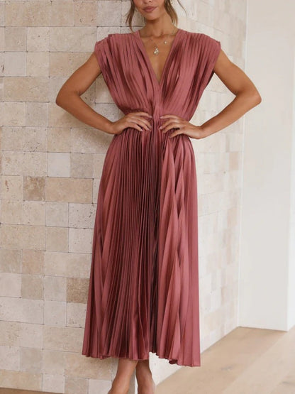 Solid Color V-neck Sleeveless Midi Dresses