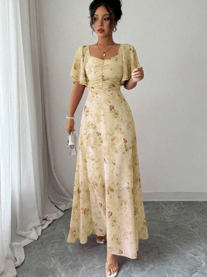 Floral Lotus Leaf Sleeves Sweetheart Collar Vacation And Leisure Maxi Dresses