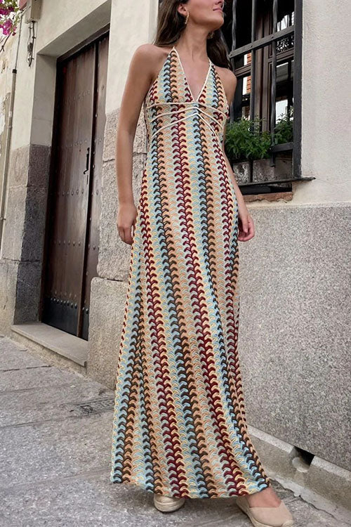 Meridress Halter V Neck Backless Color Block Crochet Maxi Dress