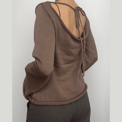 Knitted flared sleeve solid self tie backless top