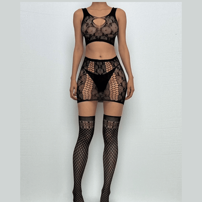 U neck fishnet hollow out tank mini skirt set