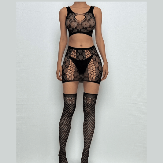 U neck fishnet hollow out tank mini skirt set