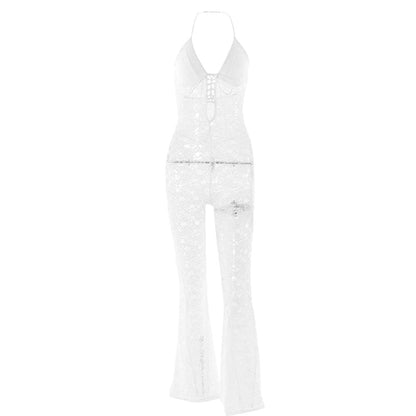 Halter lace lace up see through jumpsuit
