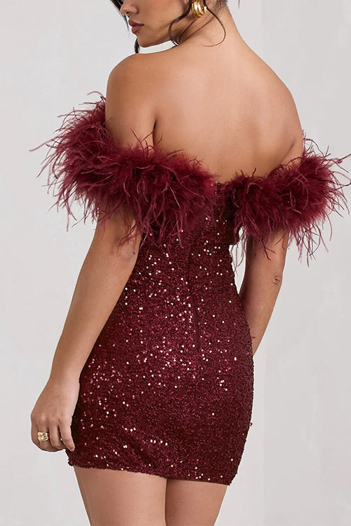 Off Shoulder Feather Trim Sequin Mini Party Dress