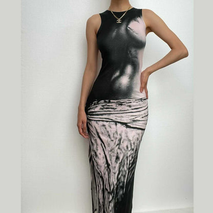 Crew Neck Contrast Graphic Print Side Slit Bodycon Maxi Dress