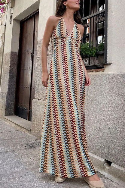 Halter V Neck Backless Color Block Crochet Maxi Dress