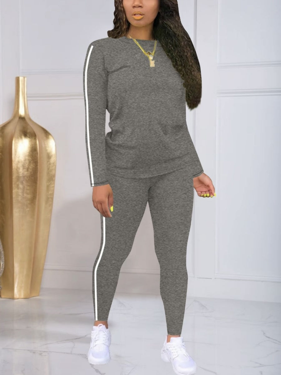 Casual Sports Color-blocked Striped Long-sleeved Top And Trousers Two-piece Set