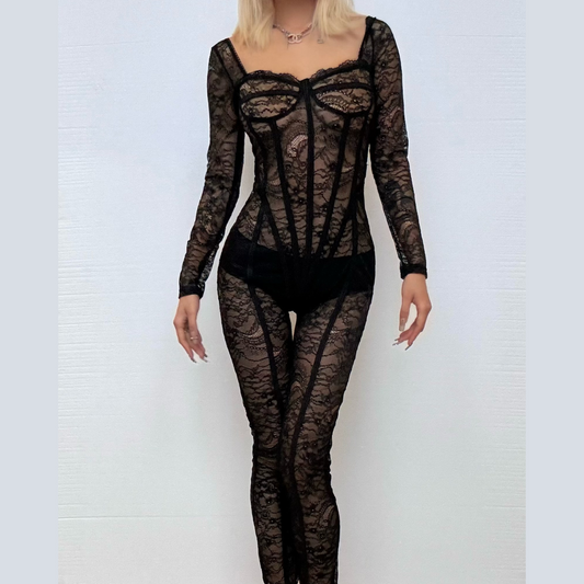 Long sleeve lace see through v neck zip-up jumpsuit