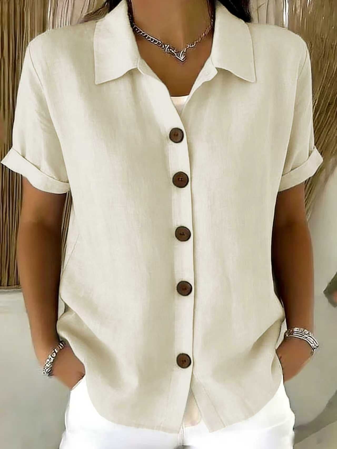 Button-up Cotton Linen Solid Color Short-sleeved T-shirt