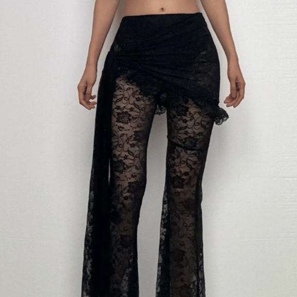 Ruffle ruched lace irregular solid pant