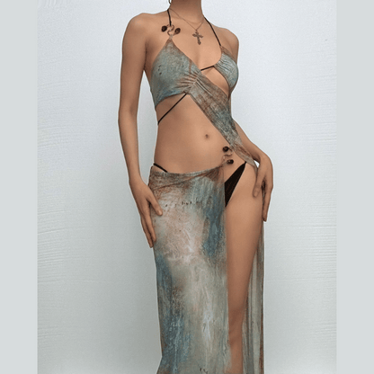 Halter drawstring tie dye irregular sheer mesh maxi dress