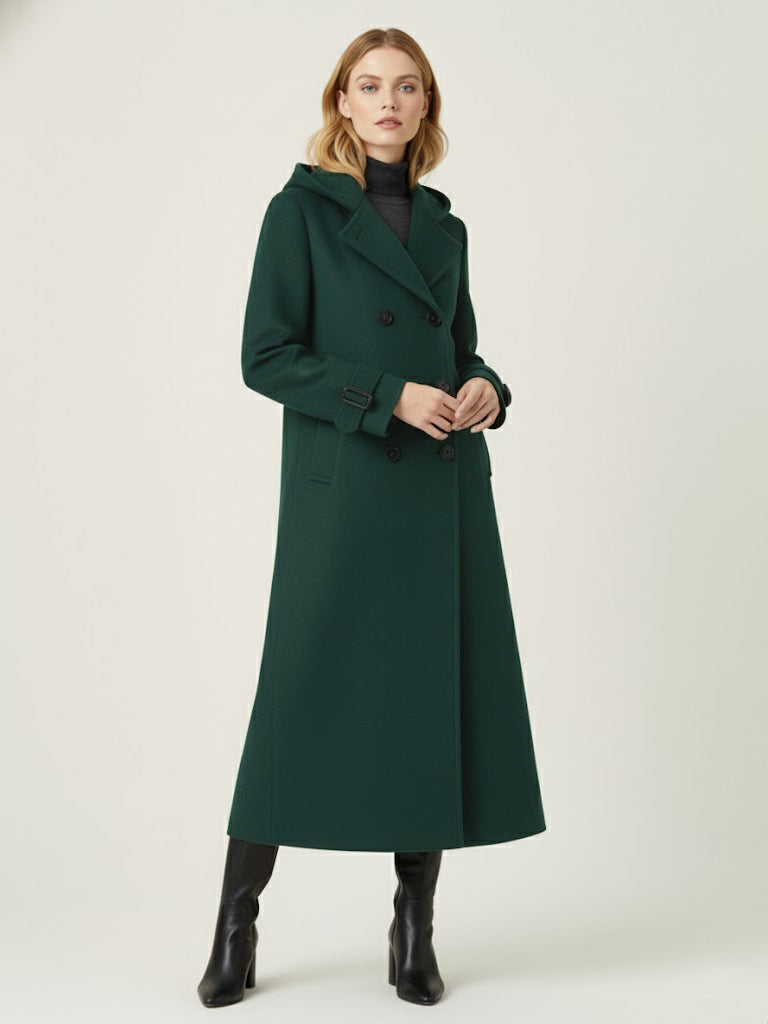 Hooded Double-Breasted Long Woolen Coat With Cuff Tabs For Women 2026