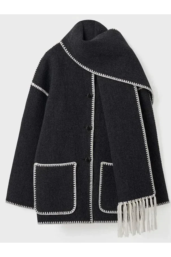 Scarf-Neckline Felt Woolen Coat