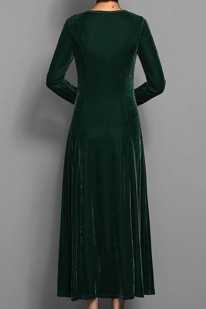 Solid Color Velvet Round Neck Long Sleeve Slim Midi Dress