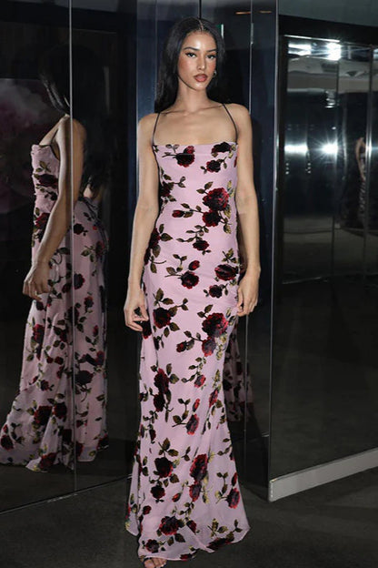 Rose Print Backless Cami Bodycon Maxi Dress