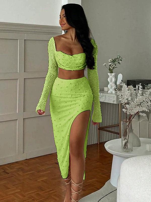 Pearl Beaded Crop Top & Sheath Skirt Coord Set