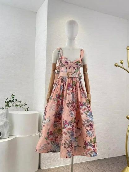 Floral Print Tied Strap Belt Dress