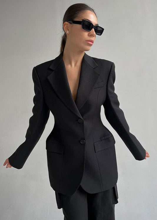 Tailored Black V-Neck Suit Jacket - Sleek Sophistication
