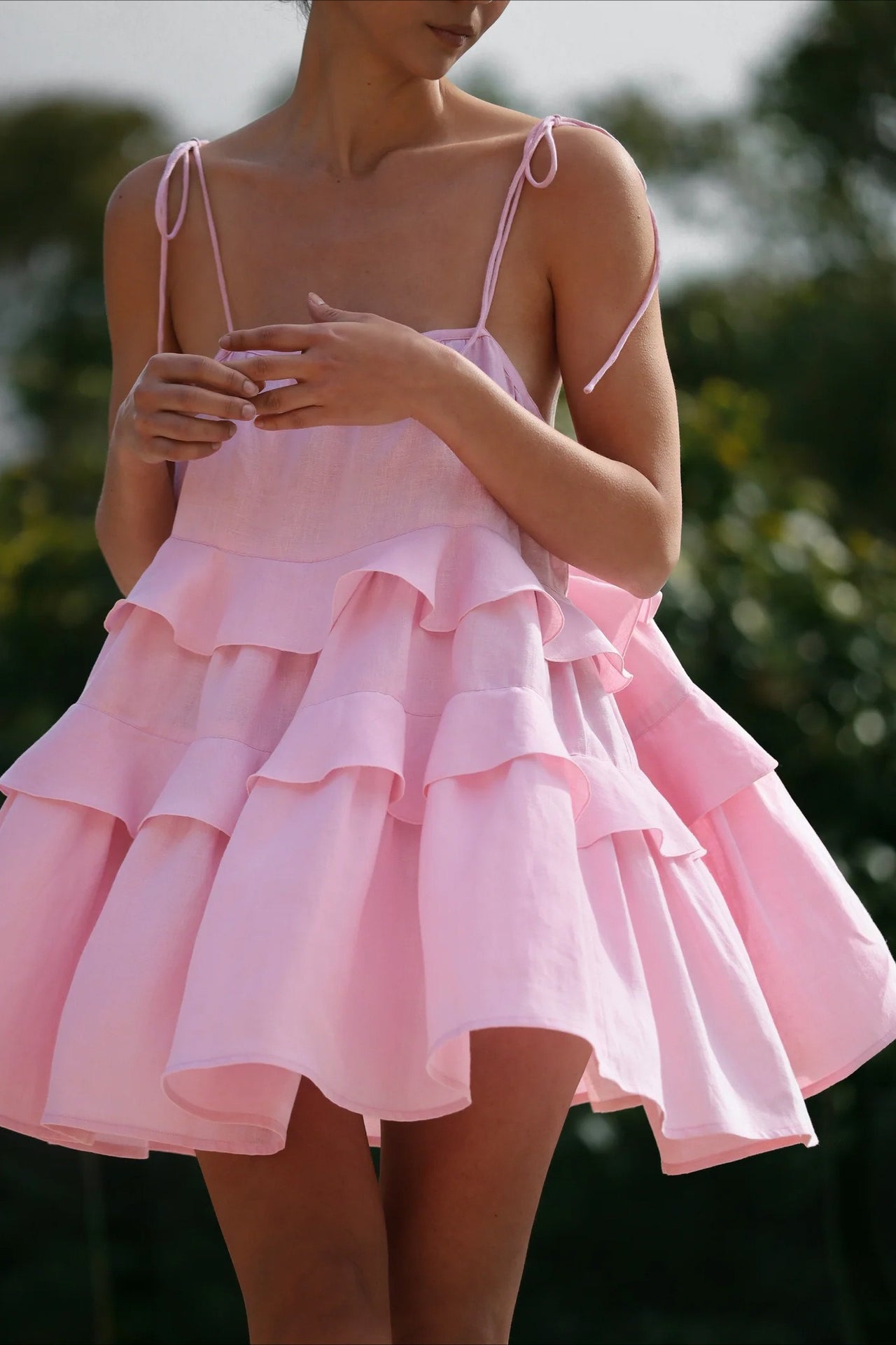 Tie Shoulder Tiered Ruffle Scoop Neck Babydoll Mini Dress
