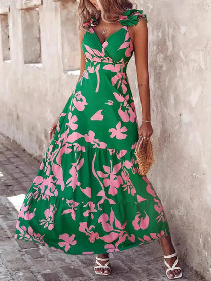 V neck Pleated Ruffle Swimsuit & Skirt Coord Set