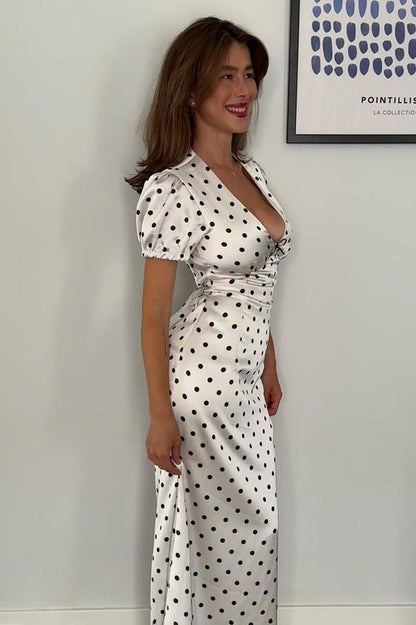 Polka Dot V-Neck Puff Sleeve Waist Tie Bodycon Maxi Dress