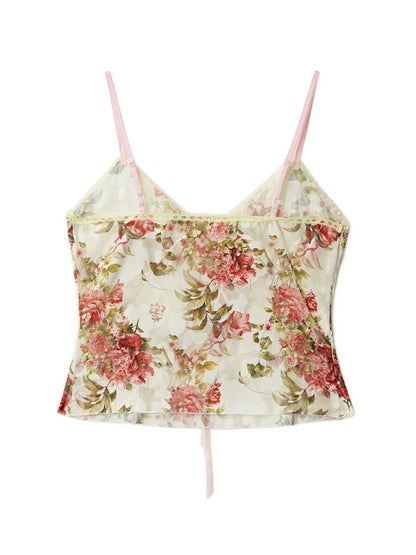 Flower Print Lace Stitching Cami Top