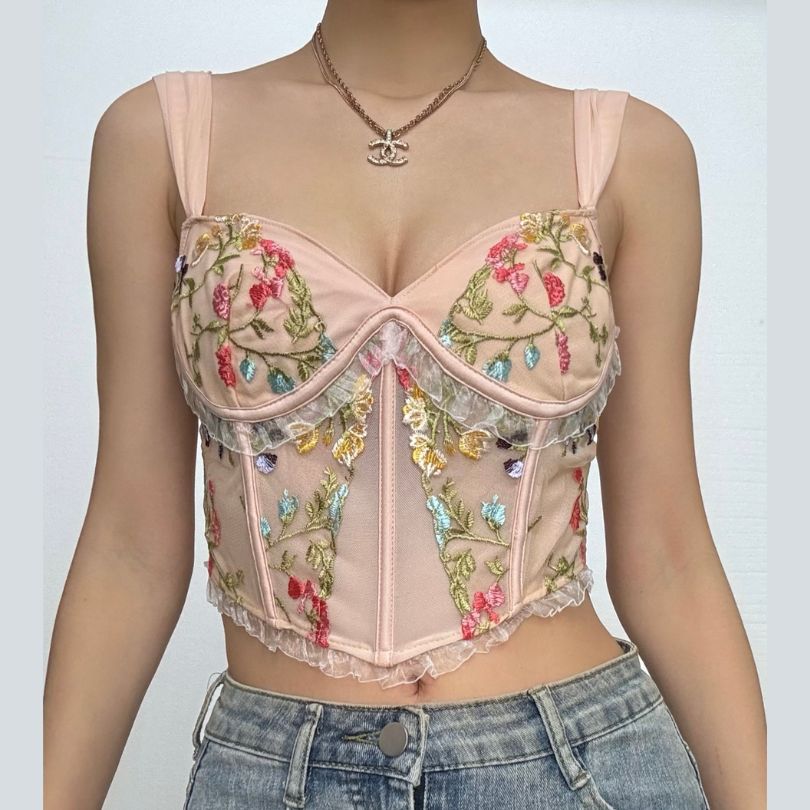 Flower embroidery bustier mesh cami top