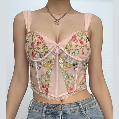 Flower embroidery bustier mesh cami top