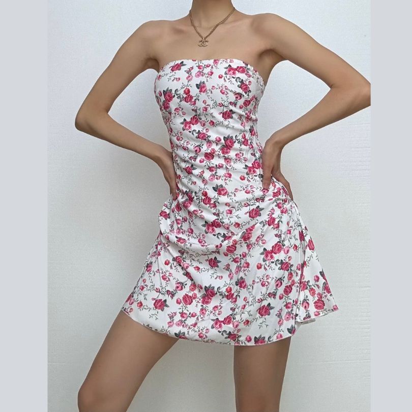 Flower print backless tube mini dress