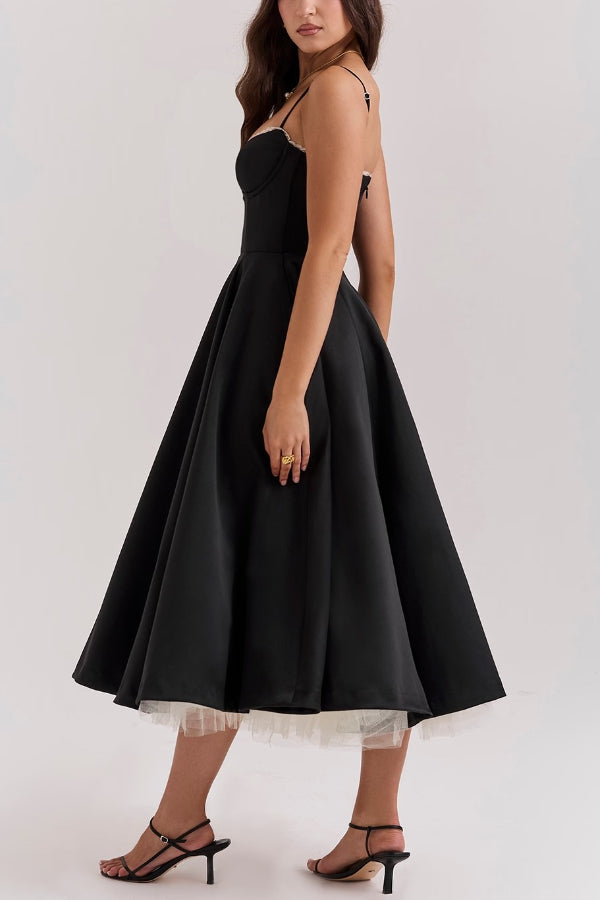 Lace Trim Sweetheart Corset Bodice Tulle Petticoat Fit and Flare Midi Dress