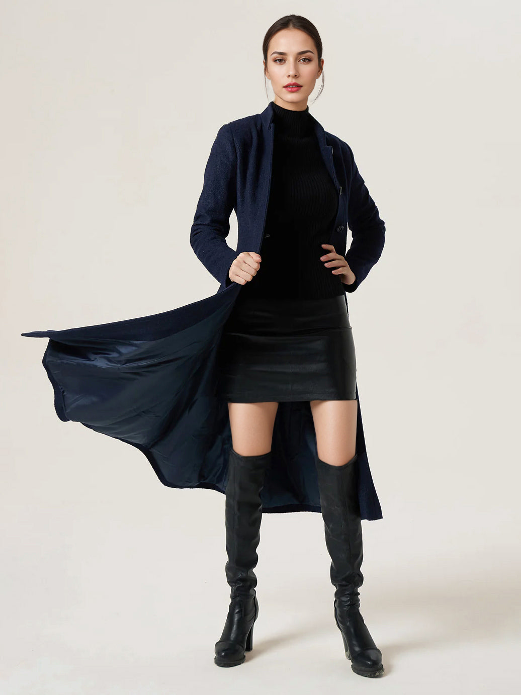 Woolen Flared Coat For Woman Stand Collar A-line Elegant Dark Navy Winter Midi Outerwear 2026