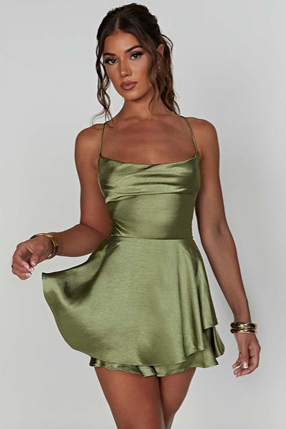 Satin Cowl Neck Spaghetti Strap Tiered Ruffle Flounce Mini Dress