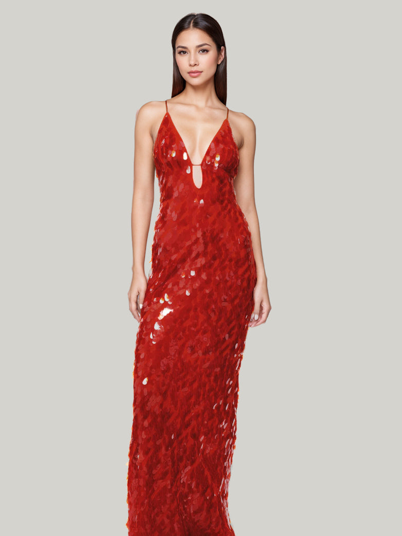 Sequin Maxi Dress In Red Deep V-neck Spaghetti Straps Sexy Formal Party Long Dress For Women 2026